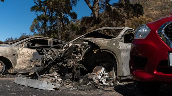 Felaket yangınlarını takip eden yanmış bir araba.