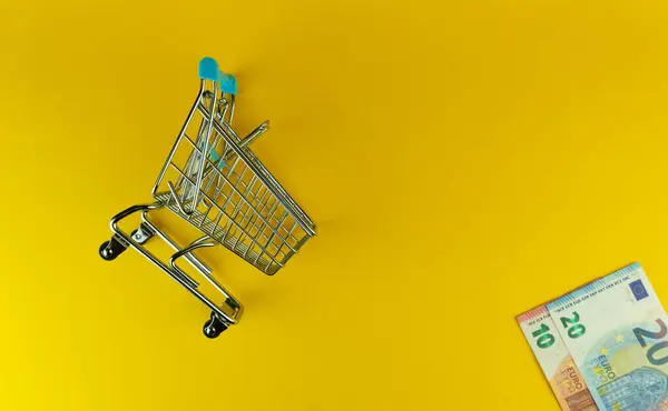 Fotografía aérea de la cesta de la compra vacía y billetes en euros sobre fondo amarillo — Foto de Stock