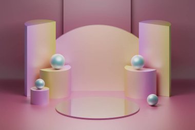 Ürün sunumuyla kompozisyon yansıtıcı ayna sahnesi yumuşak pembe renklerde. 3d illüstrasyon.