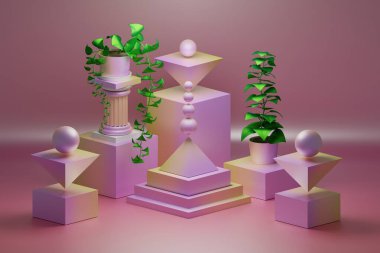Düşük polimetrik nesnelerle pembe kompozisyon şekilleri ve yapraklı saksıda yeşil bitkiler. 3d illüstrasyon.