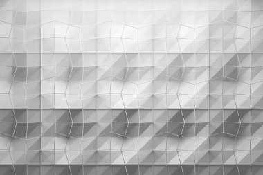 Beyaz geometrik desenli, dokulu yüzey katmanlı ve tepesinde tel örgülü ağ var. 3d illüstrasyon.