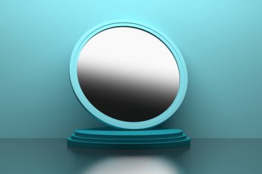 Mavi arka plandaki kaidede büyük yuvarlak ayna. 3d illüstrasyon.