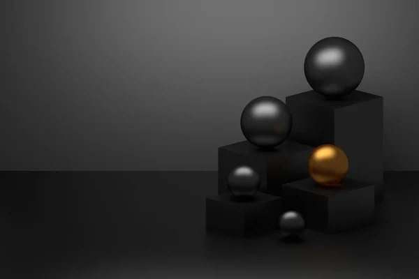 Composition Abstraite Simple Avec Cubes Piédestaux Sphères Noires Brillantes Avec — Photo