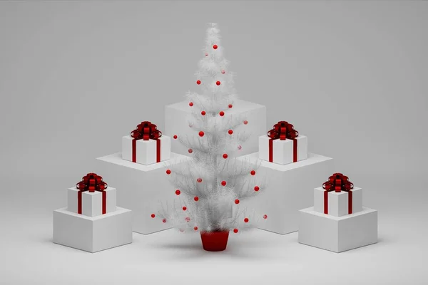 Χριστουγεννιάτικη Σύνθεση Λευκό Χριστουγεννιάτικο Δέντρο Και Δώρα Κουτιά Κόκκινα Τόξα — Φωτογραφία Αρχείου