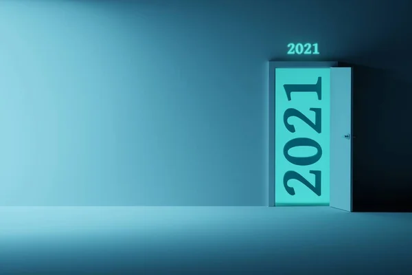 Nieuwjaarskaart Met Geopende Deur 2021 Nummers Lege Lege Muur Illustratie — Stockfoto