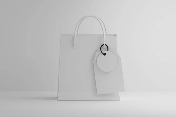 Einkaufstasche Aus Papier Mit Hängenden Etiketten Und Leerer Oberfläche Auf — Stockfoto