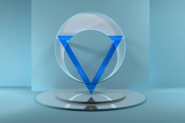 Abstracte Compositie Met Grote Transparante Blauwe Glazen Driehoek Spiegelsokkel Illustratie — Stockfoto