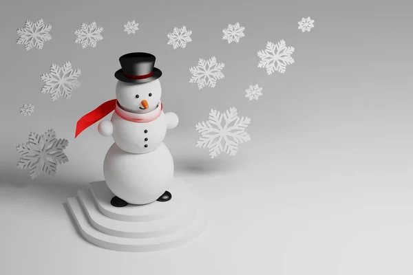 Small Snowman Festive Hat Red Scarf Falling Snowflakes Standing Pedestal — Stock Photo, Image
