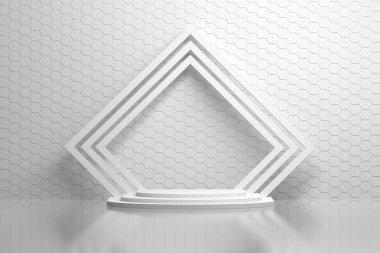 Altıgen duvar desenli, kaidesi ve döndürülmüş kare çerçeveli beyaz odanın içi. 3d illüstrasyon.