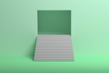 Merdivenler üstte, duvarda boşluk var. İyimser yeşil renkli görüntü. 3d illüstrasyon.