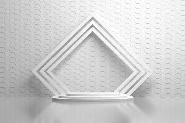 Interior Sala Branca Com Padrão Parede Hexágono Pedestal Armações Quadradas — Fotografia de Stock