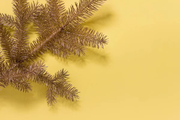 Gouden Dennenboom Groenblijvende Tak Gele Achtergrond Foto Met Kopieer Lege — Stockfoto