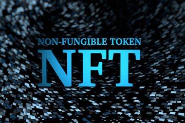 Kelime NFT, birçok uçan kareye sahip koyu siyah fütüristik arka planda karşılanamaz simgeyi temsil ediyor. 3d illüstrasyon.