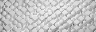 Geniş geometrik pankart, tekrarlayan geometrik şekiller küpler, piramitler, küreler, çokgenler. 3d illüstrasyon.