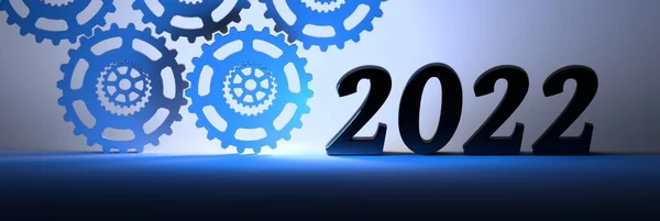 大きな大胆な新年番号2022と青輝く背景にギアとワイドバナー 3Dイラスト — ストック写真