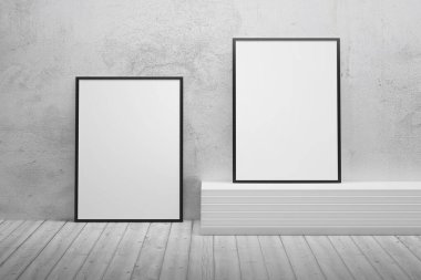 İki dikey A4 formatlı fotoğraf çerçevesi soyut oda içinde merdiven, ahşap zemin ve alçı duvarlı. 3d illüstrasyon.