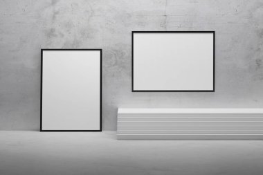 Yatay ve dikey A4 formatlı fotoğraf çerçeveleri soyut oda içinde merdiven ve alçı duvarlı. 3d illüstrasyon.