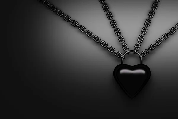 Black Fantastic Shiny Heart Hanging Metallic Black Chains Black Background — Stock Photo, Image