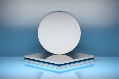 Çok katmanlı kaide, mavi arkaplanda parlak yüzey üzerine yığılmış kareler üzerinde yuvarlak daireler. 3d illüstrasyon.