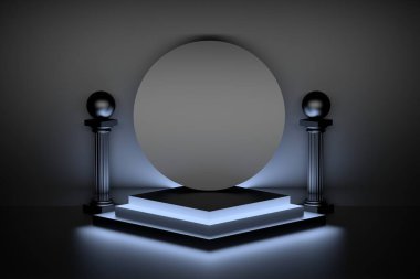 Ürün sunum dairesi yuvarlak, parlak mavi ışık ve Yunan tarzı sütunlarla aydınlatılmış kaide podyumu ile fütüristik soyut kompozisyon. Boş alanı kopyalayan resim. 3d illüstrasyon.