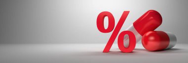 Geniş pankart, iki büyük kırmızı hap ve beyaz arka planda büyük bir yüzde işareti var. Boş alanı kopyalayan resim. 3d illüstrasyon. 