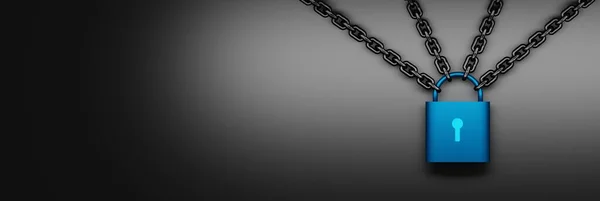 Ευρύ Πανό Κρέμονται Αλυσίδες Μπλε Μεταλλική Κλειδαριά Μαύρο Φόντο Εικόνα — Φωτογραφία Αρχείου