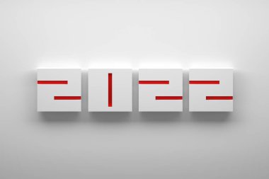 2022 yılı için minimalist yeni yıl tebrik kartı, büyük kare geometrik rakamlarla. 3d illüstrasyon.