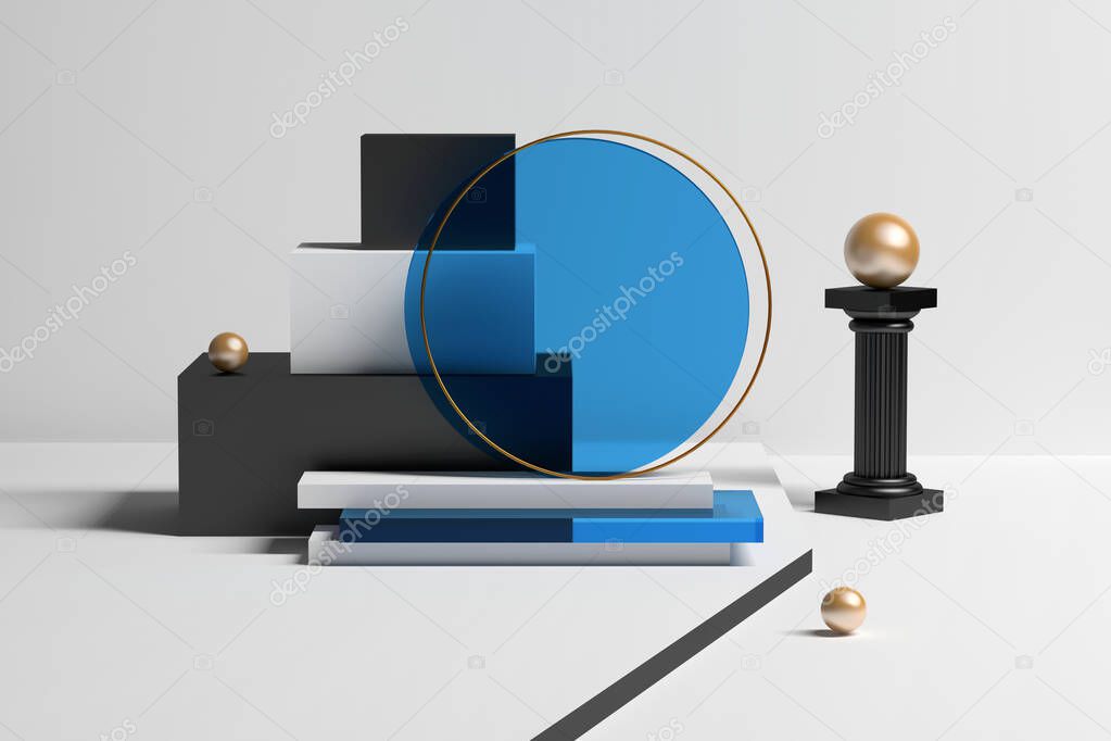 Geometric composition with stack of low poly shapes, glass circle and pillar with shiny sphere. 3d illustration.