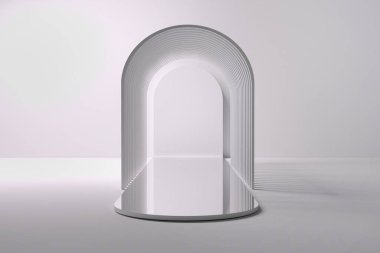 Soyut geometrik kemer ve beyaz arka planda ayna podyumu kaidesi. 3d illüstrasyon.