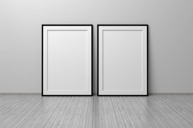 Ahşap yansıtıcı zeminde duran iki adet A4 boş dikey çerçevesi. 3d illüstrasyon.