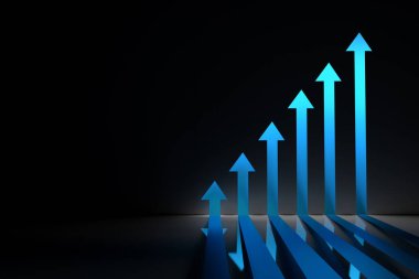Siyah arka planda parlayan mavi oklar. Boş alanı kopyalayan resim. 3d illüstrasyon.
