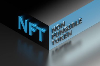 Büyük, kalın metalik kelimeler. Aynanın yüzeyindeki izometrik şekiller için geri ödenemez jeton. 3d illüstrasyon.