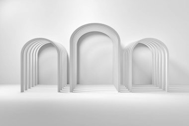 Beyaz arka planda kemerler olan mimari bir kompozisyon. 3d illüstrasyon.