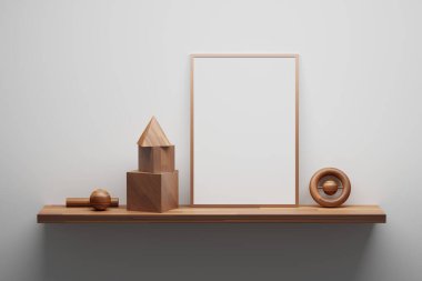 Çocuklar için tahta oyuncaklarla dolu boş bir A4 çerçeveli model şablon. 3d illüstrasyon.