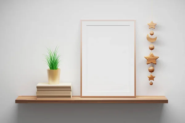 Modelo Maquete Quadro Vertical Prateleira Madeira Com Planta Vaso Decoração — Fotografia de Stock