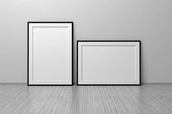 两个A4空框架垂直和水平站立在白色房间的木制地板上 3D说明 — 图库照片