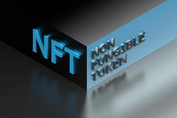 Büyük, kalın metalik kelimeler. Aynanın yüzeyindeki izometrik şekiller için geri ödenemez jeton. 3d illüstrasyon.