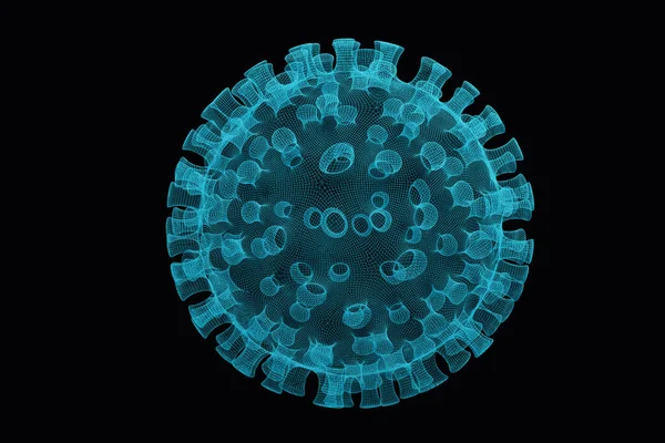 Large Virus Particle Made Cyan Wireframe Black Background — Stock Photo, Image