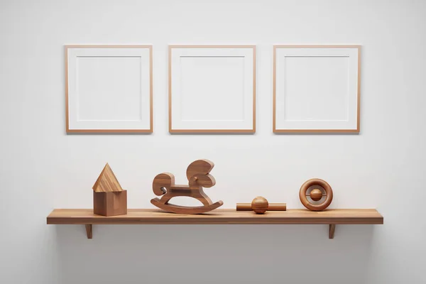 Üç tahta kare boş çerçeveli maket şablonu ve tahta çocuk oyuncaklarıyla dolu raflar. 3d illüstrasyon.