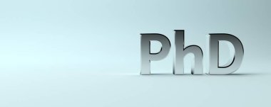 Büyük kalın harflerle geniş afiş. Mavi arka planda felsefe doktorunun kısaltması. 3d illüstrasyon.