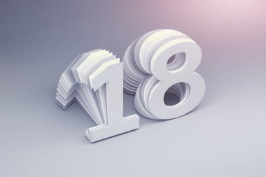 Doğum günü arkaplanı. 18 numara. Pastel mavi renkli kağıt efektlerle yapılmış. 3d illüstrasyon.