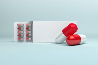 Boş şişme kutusu olan tıbbi model şablonu, mavi arka planda kırmızı kapsül hapları. 3d illüstrasyon.