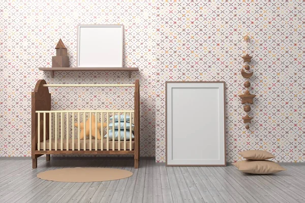 Gemütliches Zimmer Für Neugeborene Mit Wiege Leerem Rahmen Und Strukturierten — Stockfoto