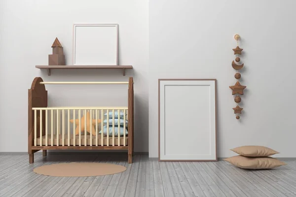 Mockup Vorlage Mit Zwei Bilderrahmen Quadratisch Und Din Stehend Kinderzimmer — Stockfoto