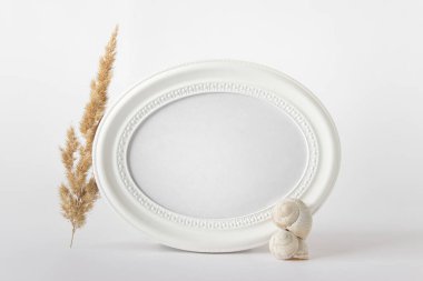 Yuvarlak beyaz çerçeveli basit boho tarzı kompozisyon, iki beyaz salyangoz kabuğu ve sarı tüylü bitki.