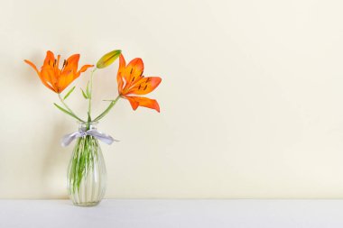 Cam vazoda yaz kompozisyonu ve boş duvarlı turuncu zambak çiçeği..