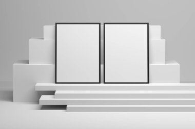 Yığılmış geometrik blokların üzerinde duran iki çerçeveli model şablonu. 3d illüstrasyon.