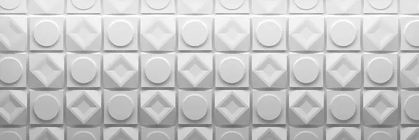 Ευρύ Πανό Λευκό Μοτίβο Από Επαναλαμβανόμενα Τετράγωνα Γεμάτα Γεωμετρικά Σχήματα — Φωτογραφία Αρχείου