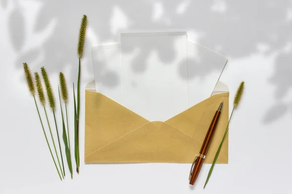 Composição Com Envelope Dourado Cartões Brancos Caneta Plantas Verdes Decorativas — Fotografia de Stock