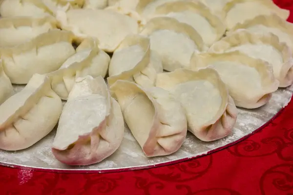 Raw Uncooked Homemade Chinese Dumplings Silver Plate — Stock Photo, Image